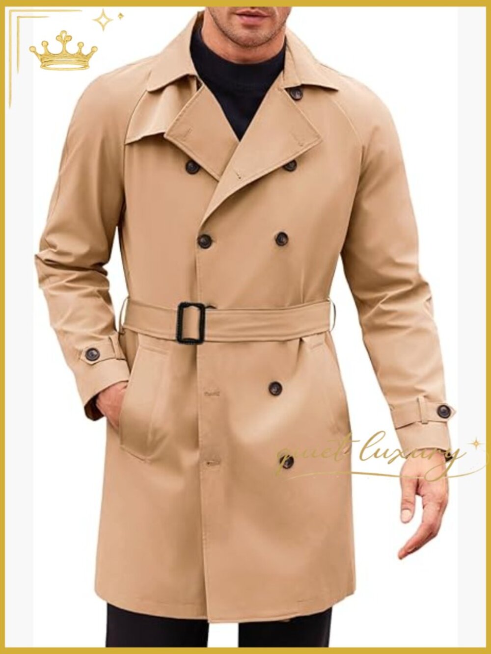Men's Double Breasted Trench Coat Mid Long Jacket Windbreaker Notched Lapel